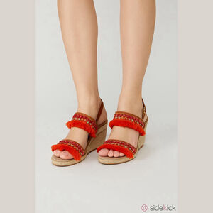 Tory Burch Wedge Sandals • Size 9.5 • Red Fringe Embellished Espadrille